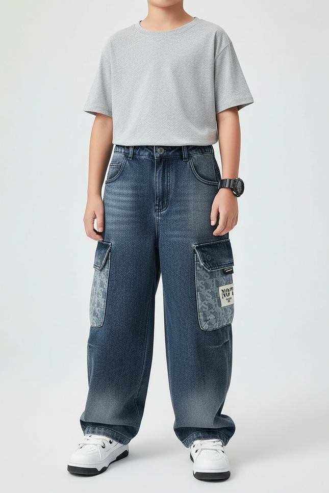 Pantalon Cargo Denim Ample Multipoches Décontracté Enfant - Bleu Jean