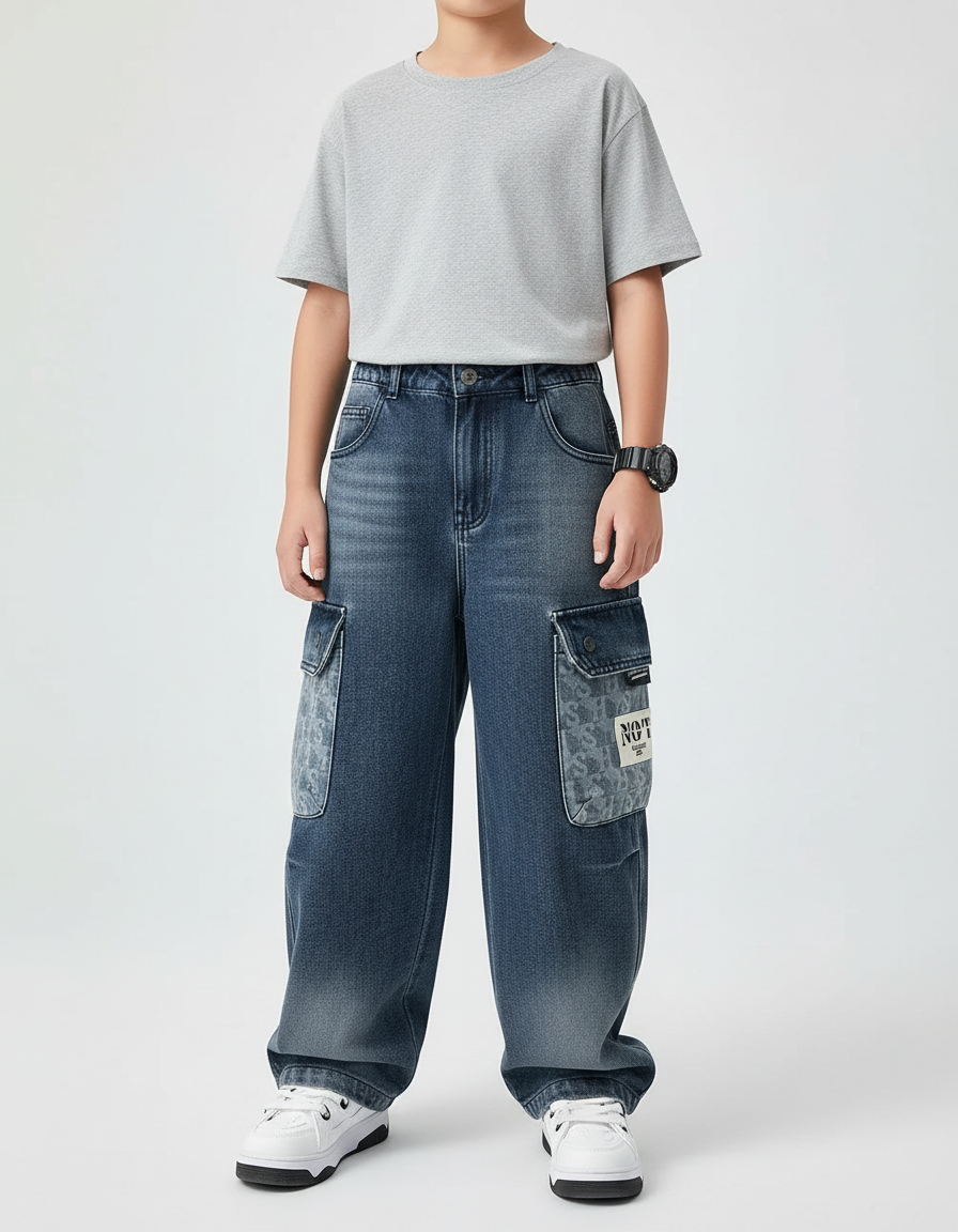 Pantalon Cargo Denim Ample Multipoches Décontracté Enfant - Bleu Jean
