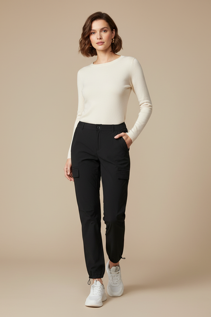 Pantalon Cargo Noir Léger Sportif Multipoches Femme - Polyester