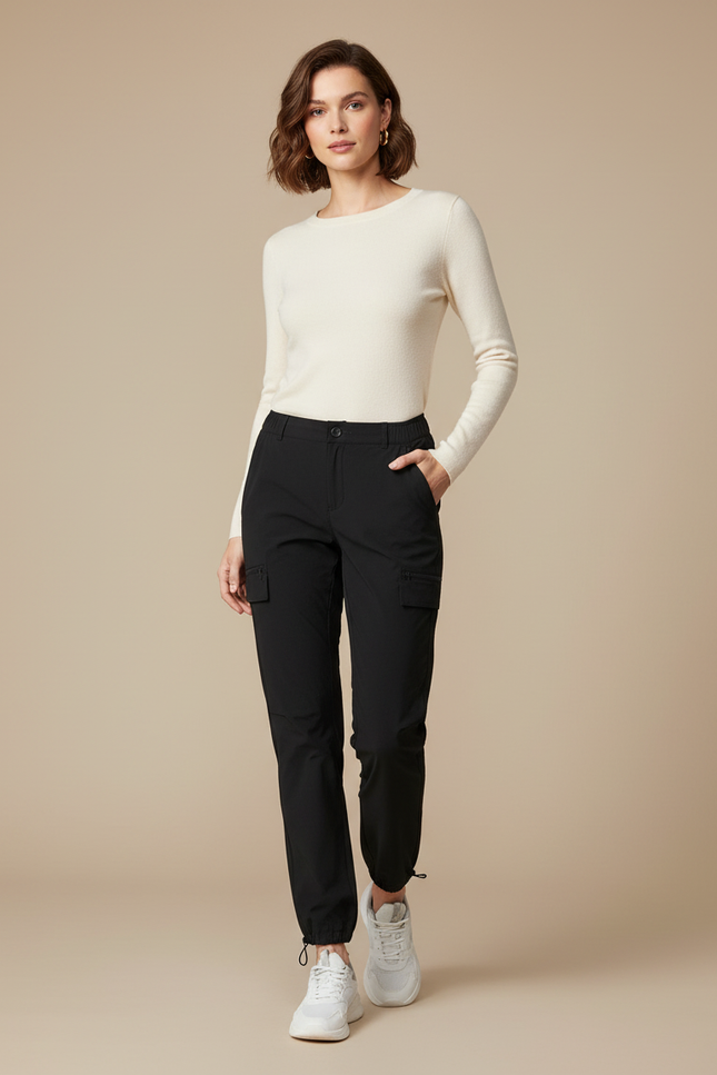 Pantalon Cargo Noir Léger Sportif Multipoches Femme - Polyester