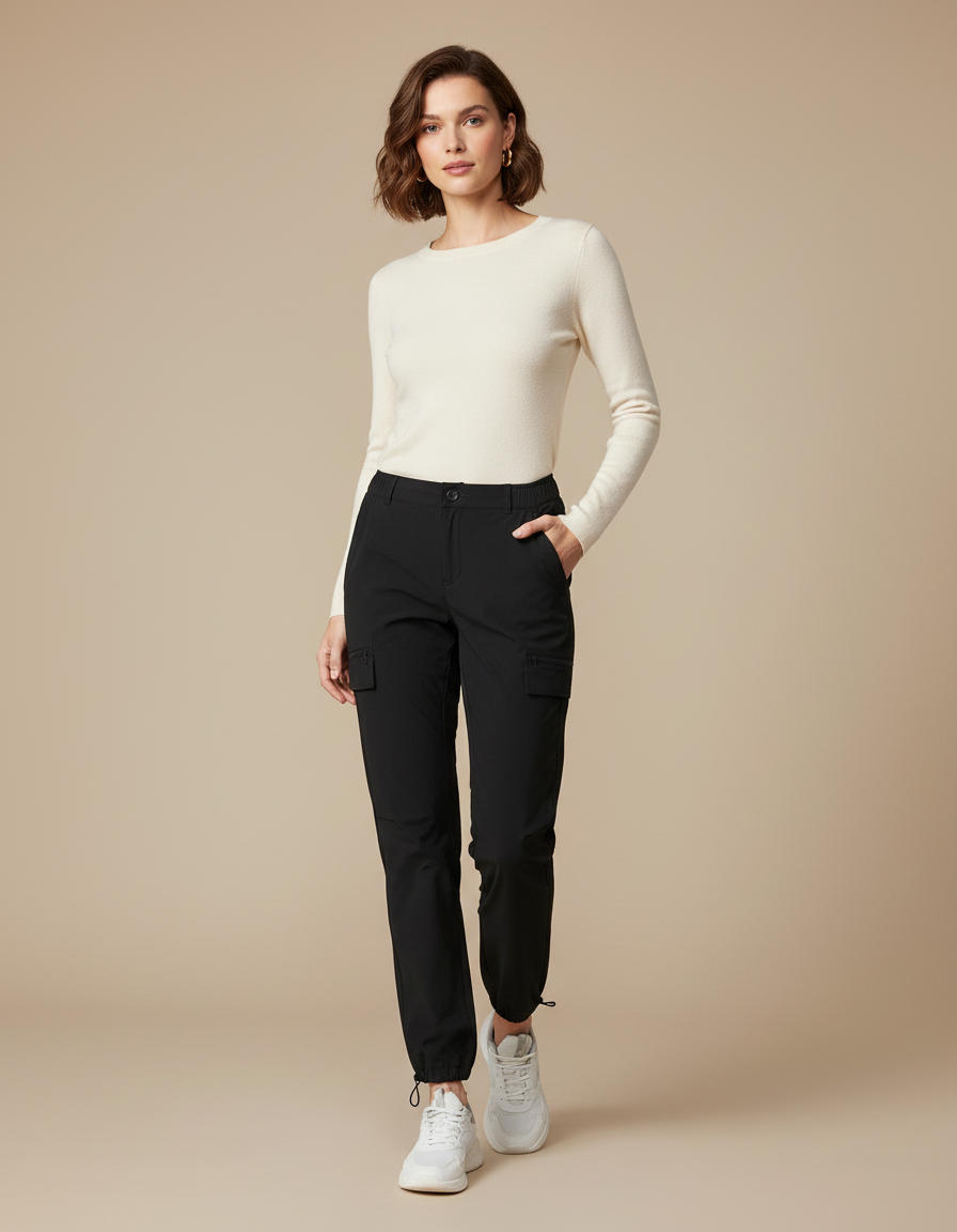 Pantalon Cargo Noir Léger Sportif Multipoches Femme - Polyester