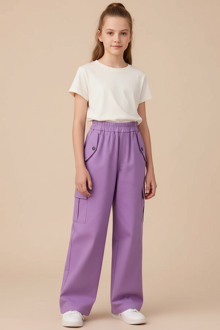 Pantalon Cargo Violet Ample Poches Fille - Toile