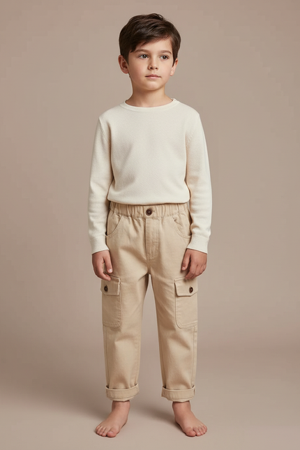 Pantalon Cargo Beige Ample Coton Enfant Poches