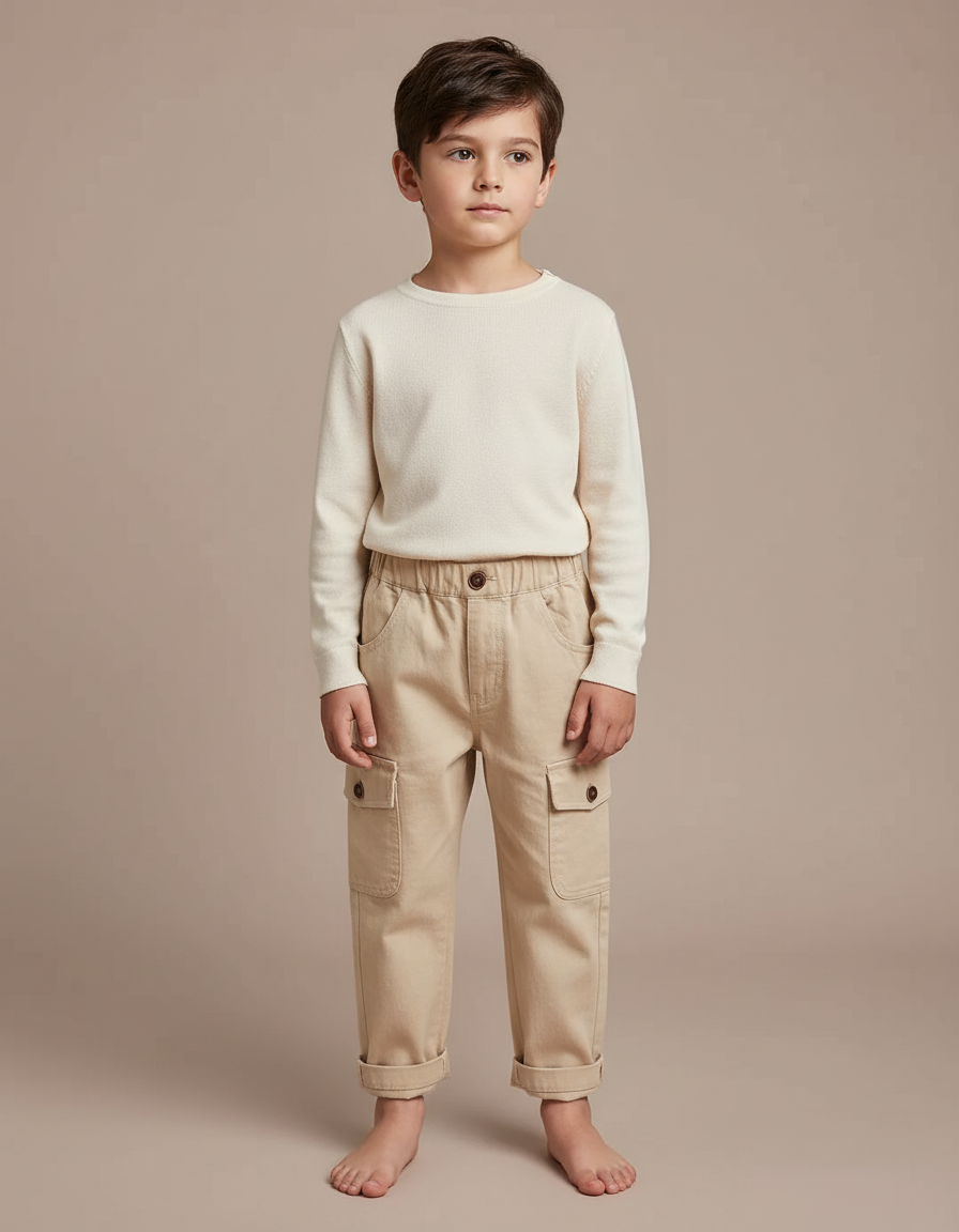 Pantalon Cargo Beige Ample Coton Enfant Poches