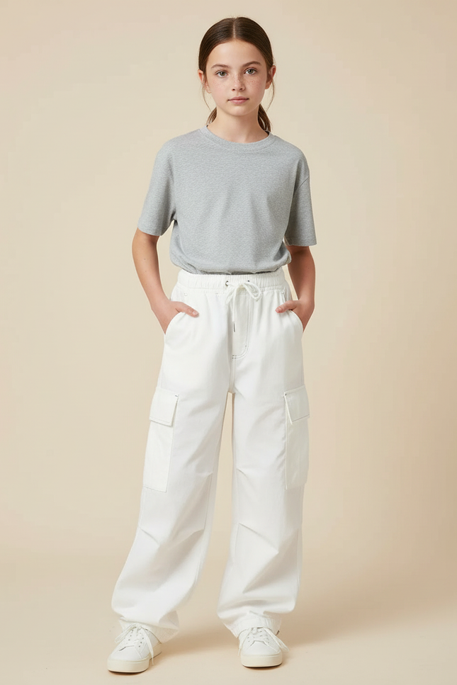 Pantalon Cargo Blanc Ample Décontracté Fille Coton
