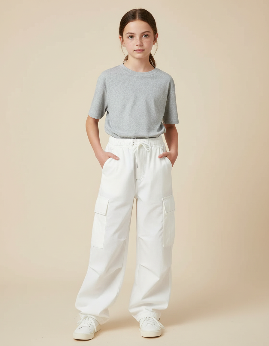 Pantalon Cargo Blanc Ample Décontracté Fille Coton