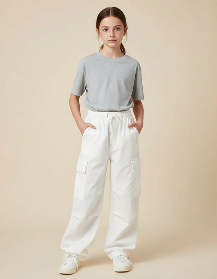 Pantalon Cargo Blanc Ample Décontracté Fille Coton