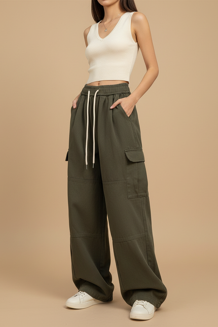 Pantalon Cargo Vert Ample Coton Décontracté Femme - Kaki Molleton