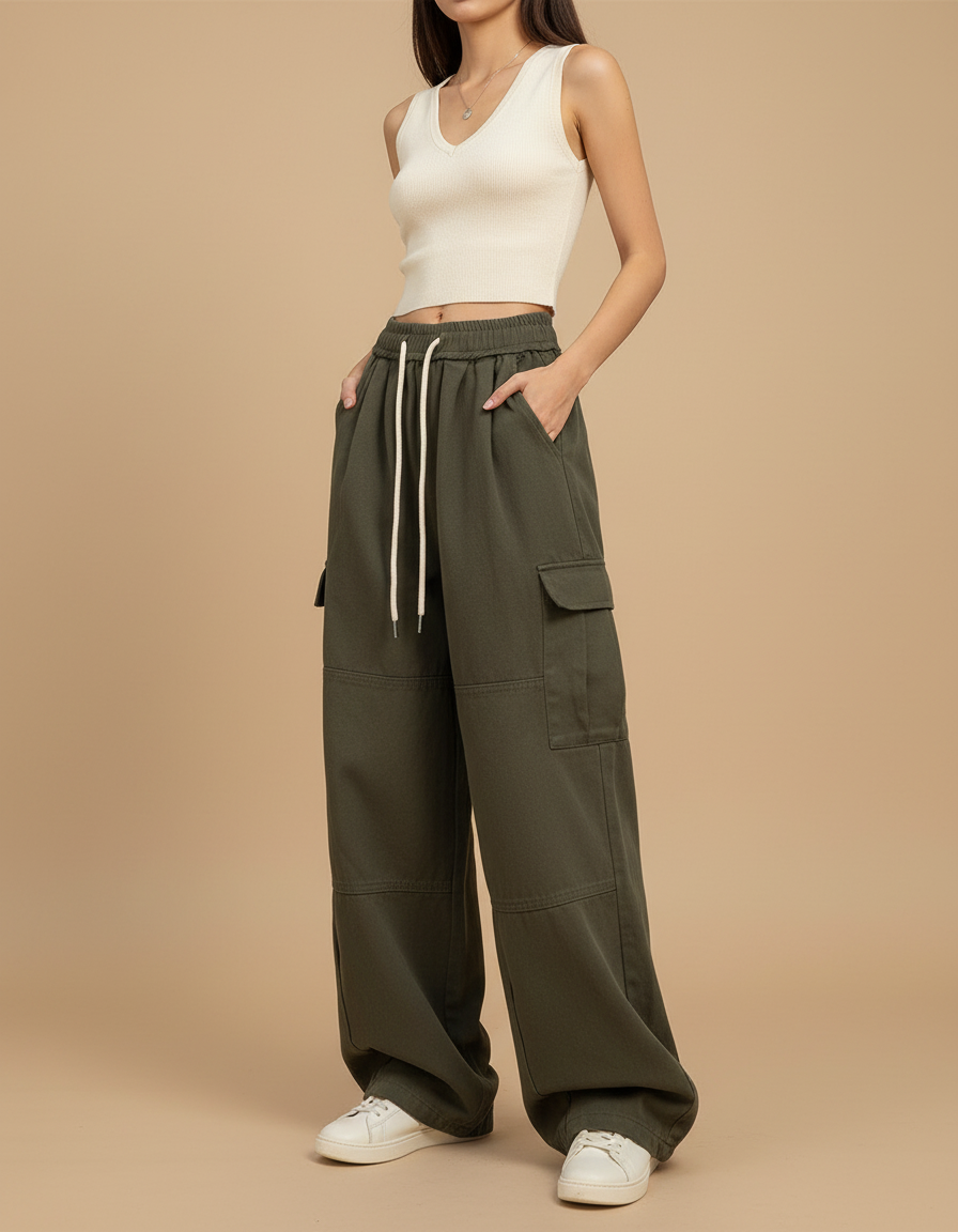 Pantalon Cargo Vert Ample Coton Décontracté Femme - Kaki Molleton