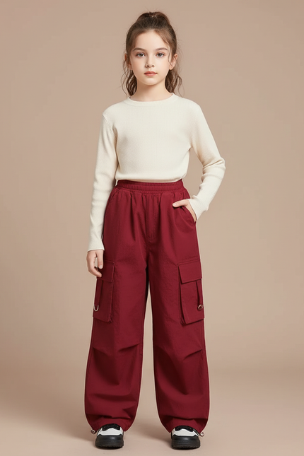 Pantalon Cargo Rouge Ample Multipoches Fille Décontracté - Bordeaux Polyester