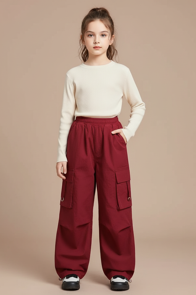 Pantalon Cargo Rouge Ample Multipoches Fille Décontracté - Bordeaux Polyester