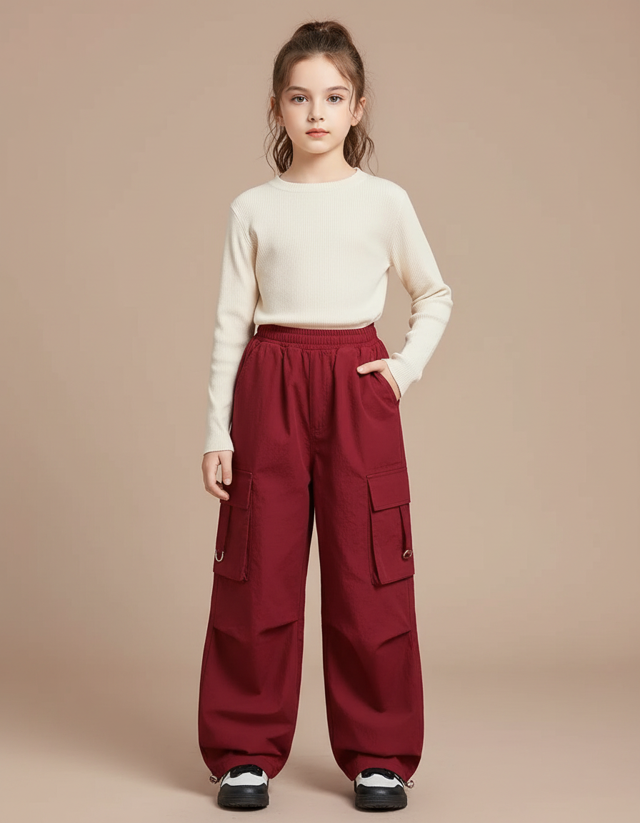 Pantalon Cargo Rouge Ample Multipoches Fille Décontracté - Bordeaux Polyester