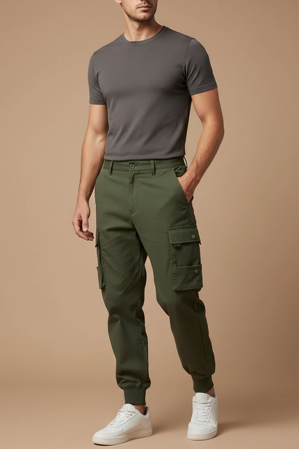 Pantalon Cargo Vert Militaire Coton Stretch Jogger Homme