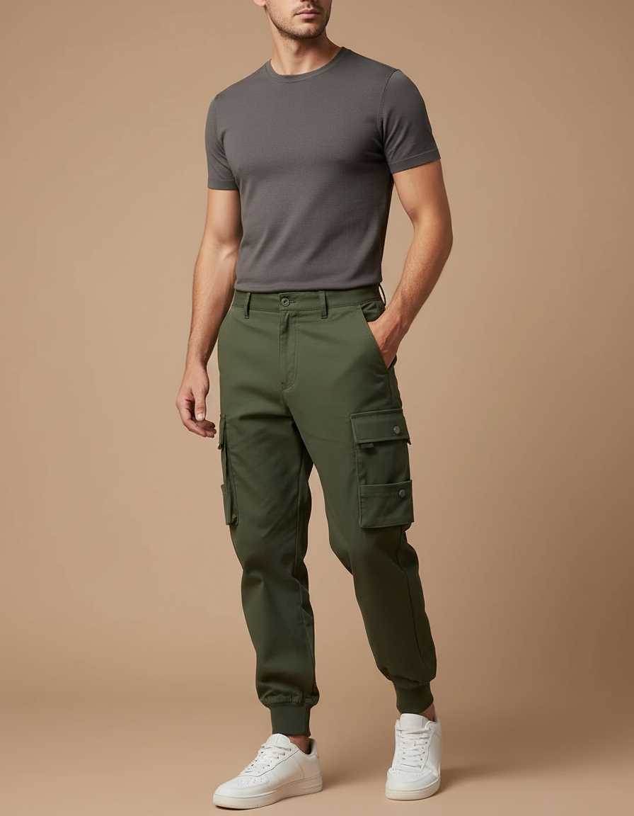 Pantalon Cargo Vert Militaire Coton Stretch Jogger Homme