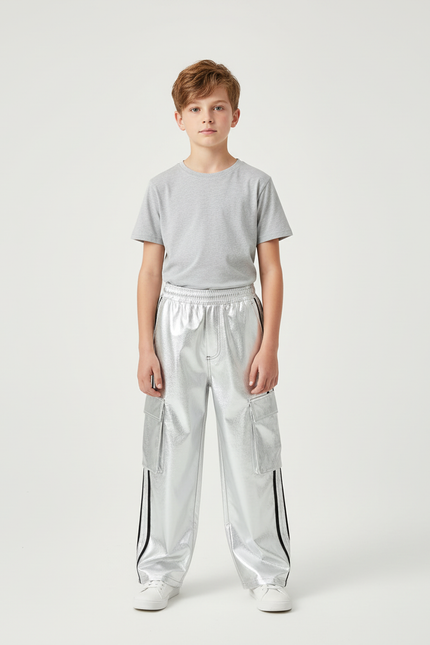 Pantalon Cargo Argenté Brillant Ample Bandes Noires Enfant - Polyester