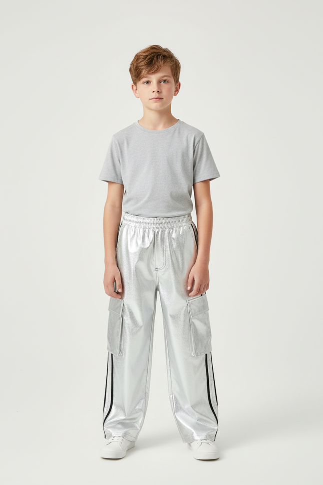 Pantalon Cargo Argenté Brillant Ample Bandes Noires Enfant - Polyester