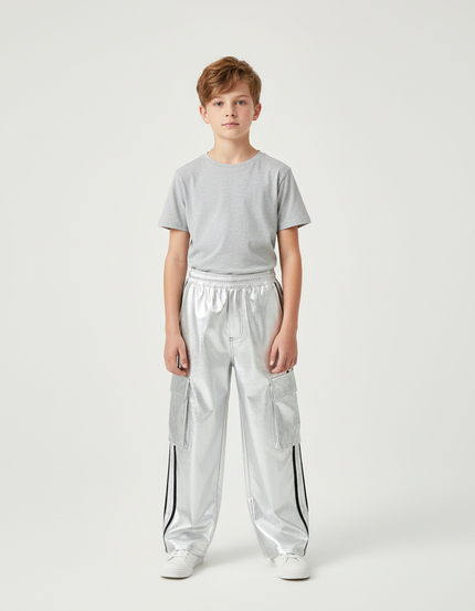Pantalon Cargo Argenté Brillant Ample Bandes Noires Enfant - Polyester