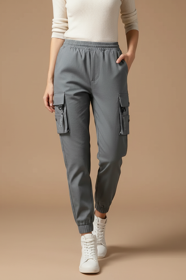 Pantalon Cargo Gris Jogger Ample Streetwear Femme - Polyester