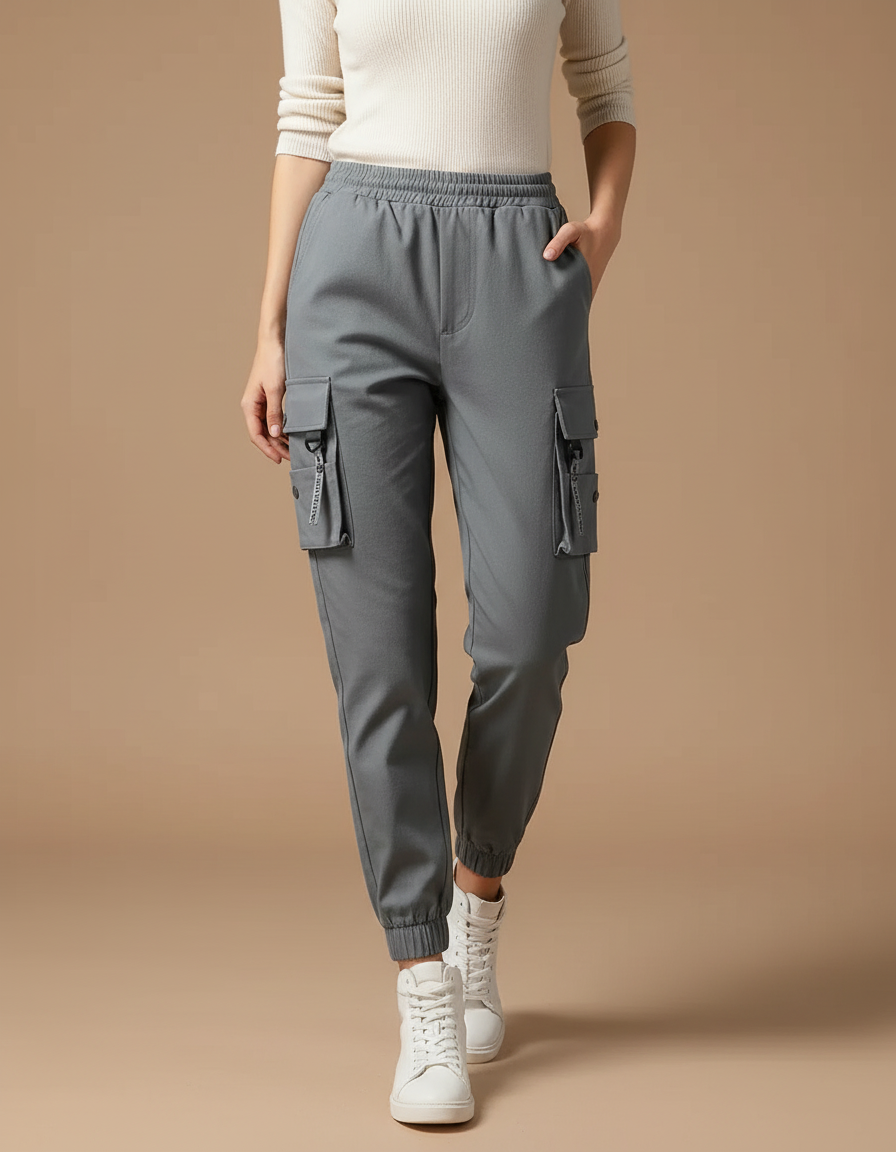 Pantalon Cargo Gris Jogger Ample Streetwear Femme - Polyester