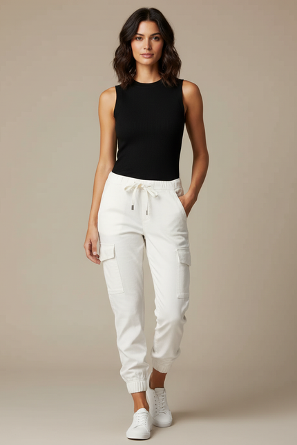 Pantalon Cargo Blanc Cordon Élastique Poches Latérales Jogger Femme - Cordé