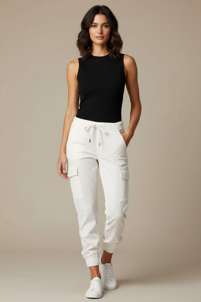 Pantalon Cargo Blanc Cordon Élastique Poches Latérales Jogger Femme - Cordé