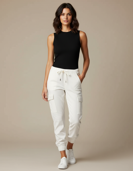 Pantalon Cargo Blanc Cordon Élastique Poches Latérales Jogger Femme - Cordé
