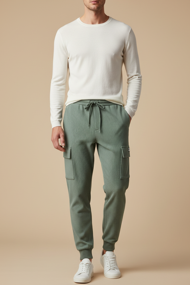 Pantalon Cargo Vert Côtelé Ample Homme Décontracté - Maille