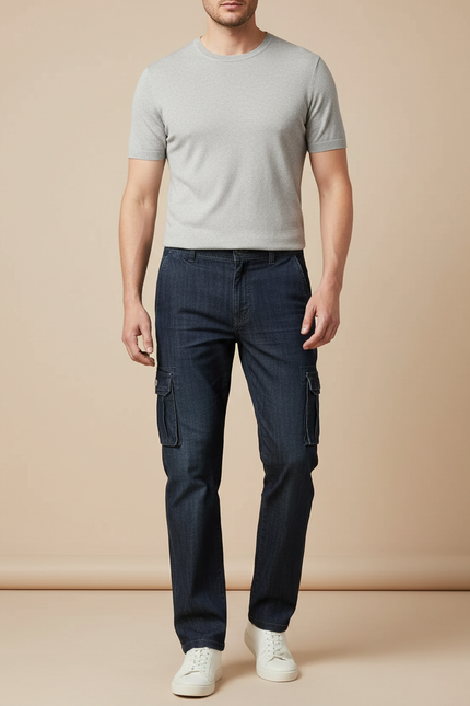 Pantalon Cargo Jean Bleu Multipoches Décontracté Homme - Marine
