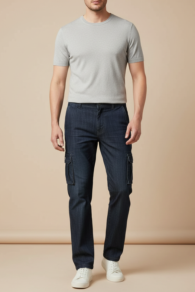 Pantalon Cargo Jean Bleu Multipoches Décontracté Homme - Marine
