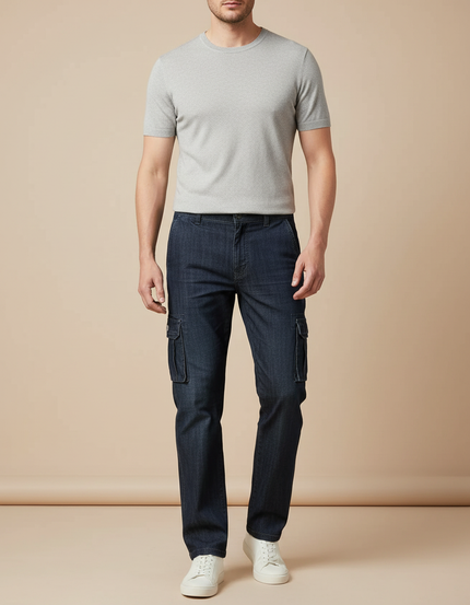 Pantalon Cargo Jean Bleu Multipoches Décontracté Homme - Marine