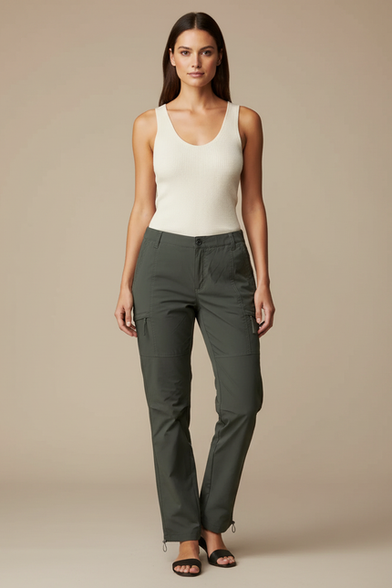 Pantalon Cargo Vert Multipoches Femme Décontracté - Kaki Polyester
