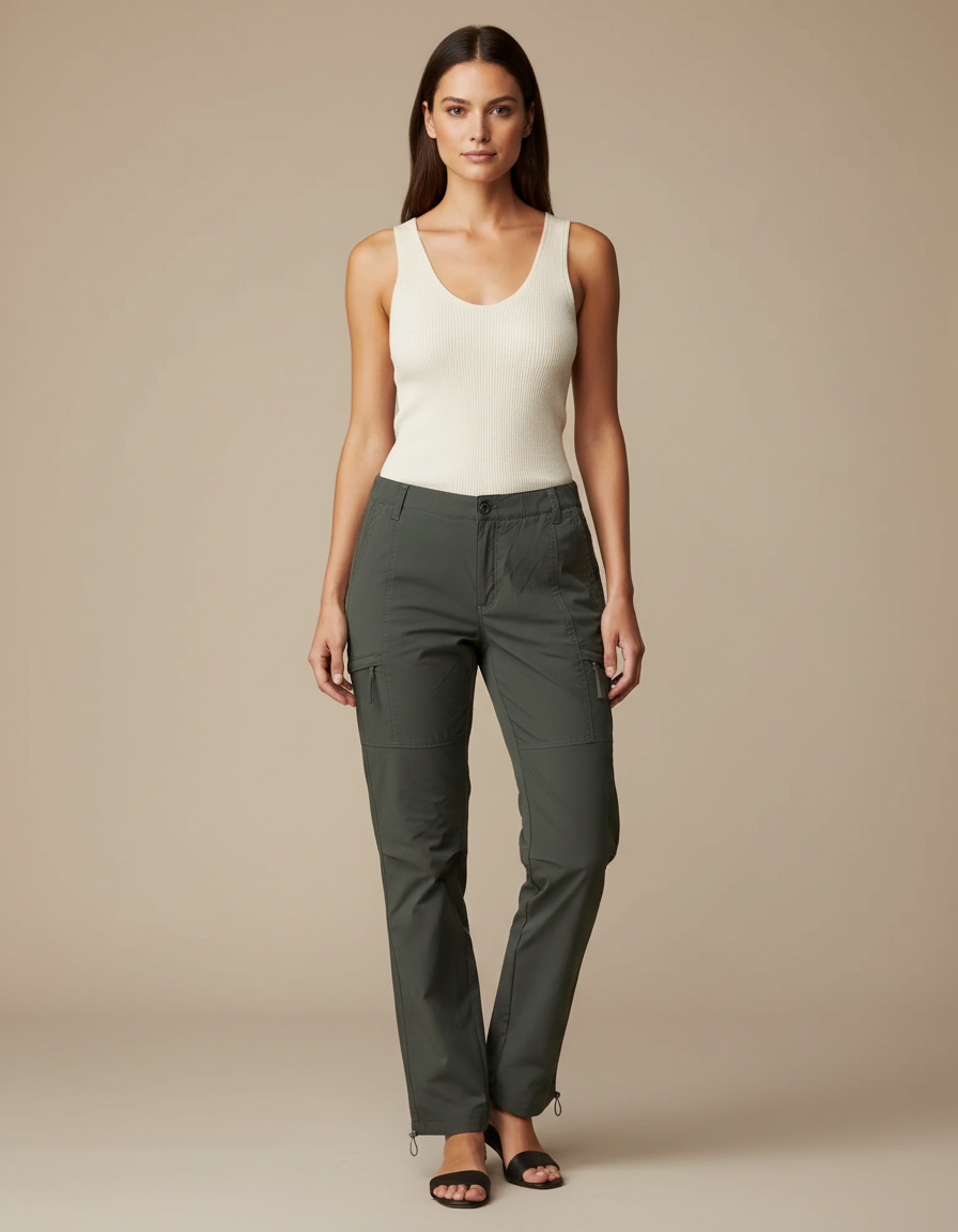 Pantalon Cargo Vert Multipoches Femme Décontracté - Kaki Polyester