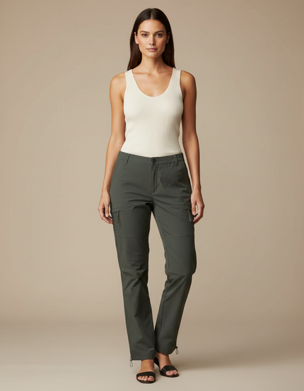 Pantalon Cargo Vert Multipoches Femme Décontracté - Kaki Polyester