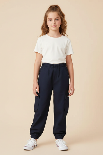 Pantalon Cargo Bleu Marine Ample Décontracté Poches Enfant - Gabardine