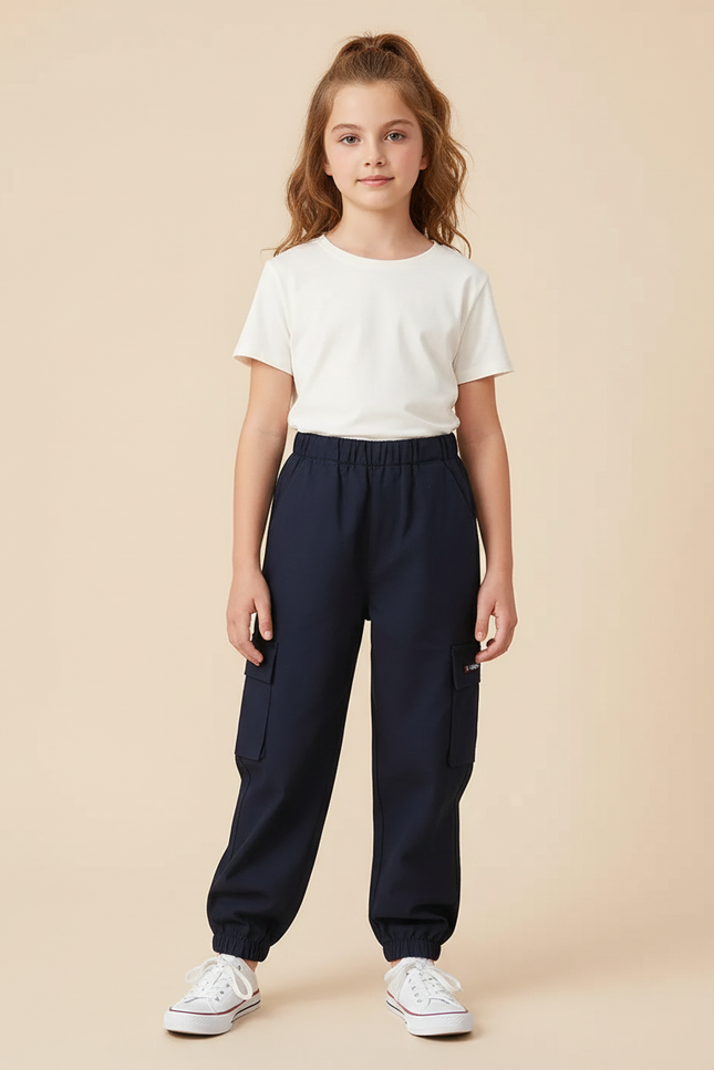Pantalon Cargo Bleu Marine Ample Décontracté Poches Enfant - Gabardine