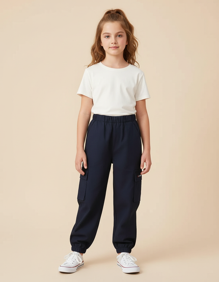 Pantalon Cargo Bleu Marine Ample Décontracté Poches Enfant - Gabardine