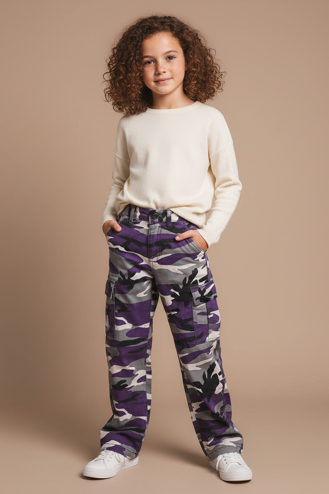 Pantalon Cargo Camouflage Violet Ample Fille - Toile
