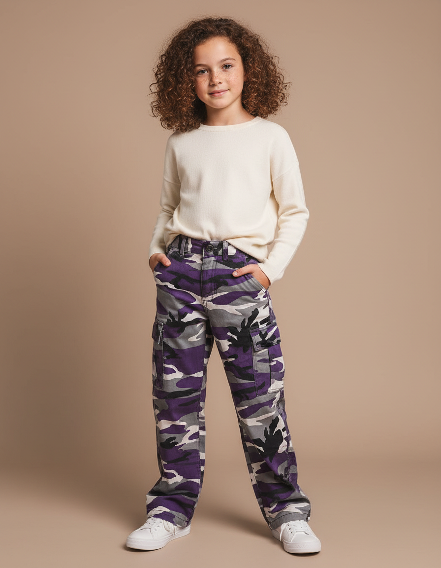Pantalon Cargo Camouflage Violet Ample Fille - Toile