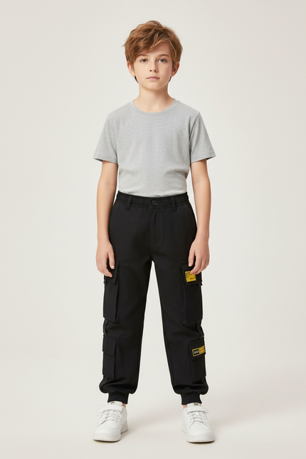 Pantalon Cargo Noir Décontracté Garçon Poches - Polyester