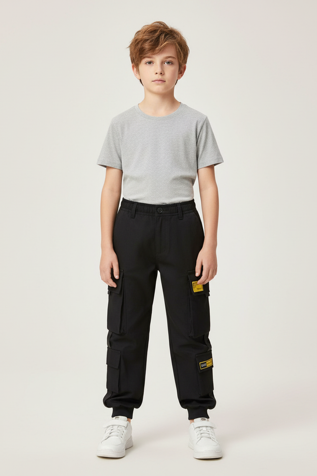 Pantalon Cargo Noir Décontracté Garçon Poches - Polyester