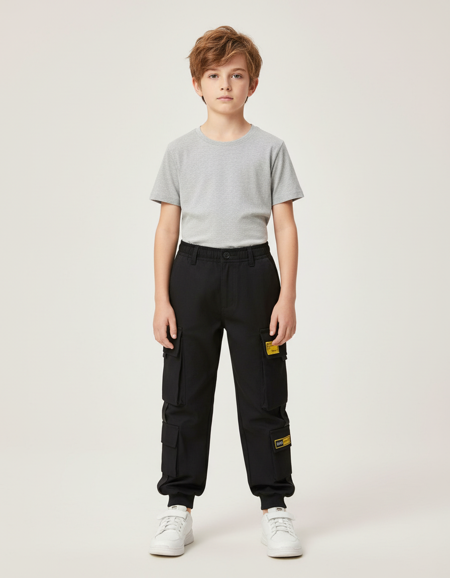 Pantalon Cargo Noir Décontracté Garçon Poches - Polyester