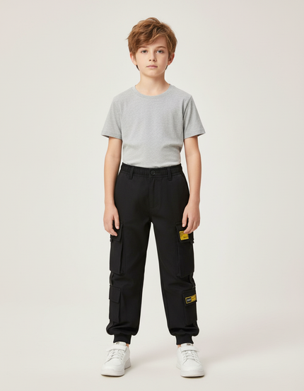 Pantalon Cargo Noir Décontracté Garçon Poches - Polyester