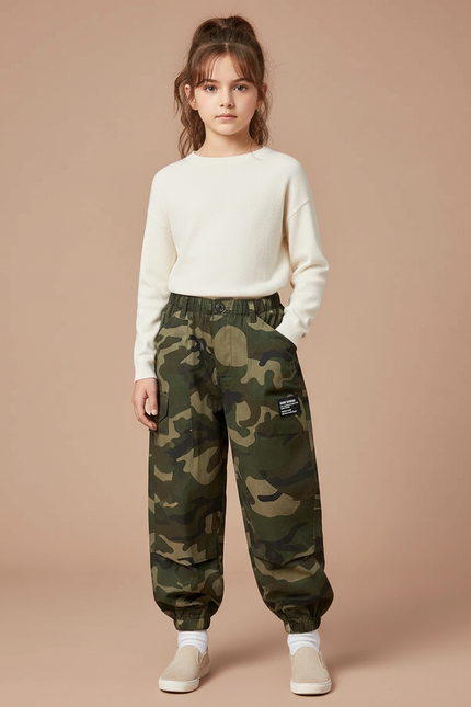 Pantalon Cargo Camouflage Coton Ample Enfant - Vert