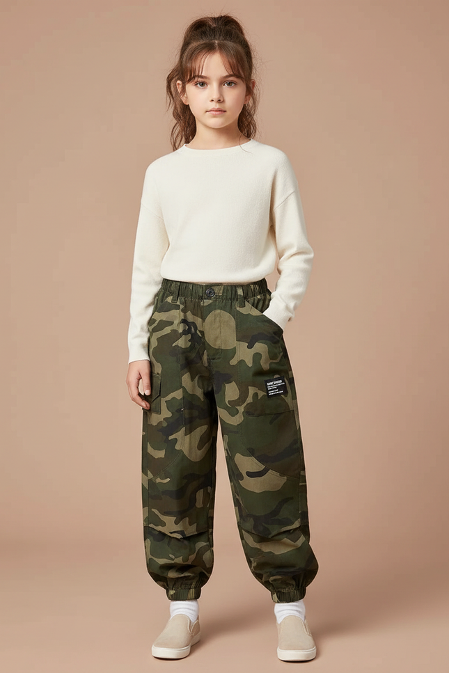 Pantalon Cargo Camouflage Coton Ample Enfant - Vert