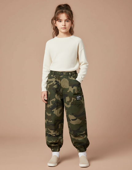 Pantalon Cargo Camouflage Coton Ample Enfant - Vert
