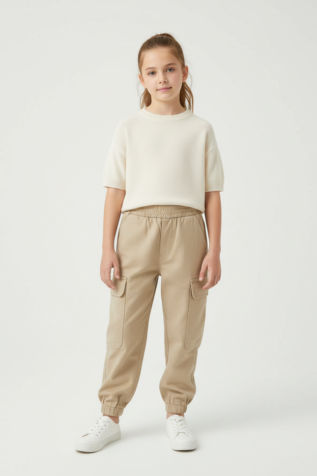 Pantalon Cargo Beige Ample Poches Enfant Coton