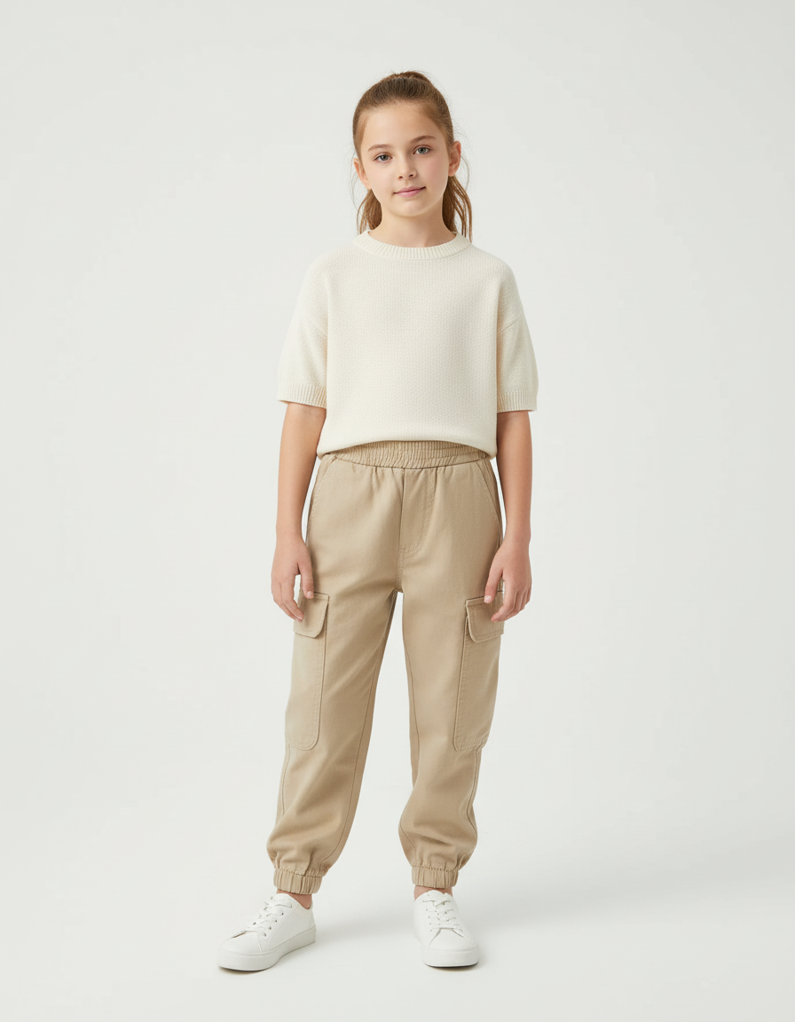 Pantalon Cargo Beige Ample Poches Enfant Coton