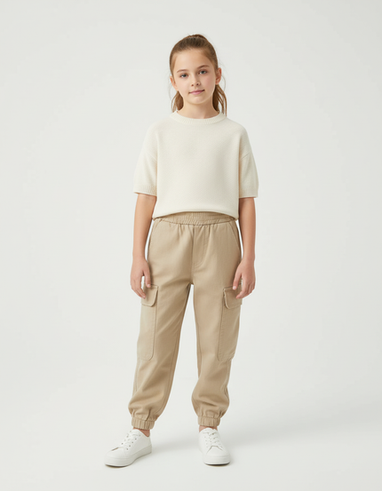 Pantalon Cargo Beige Ample Poches Enfant Coton