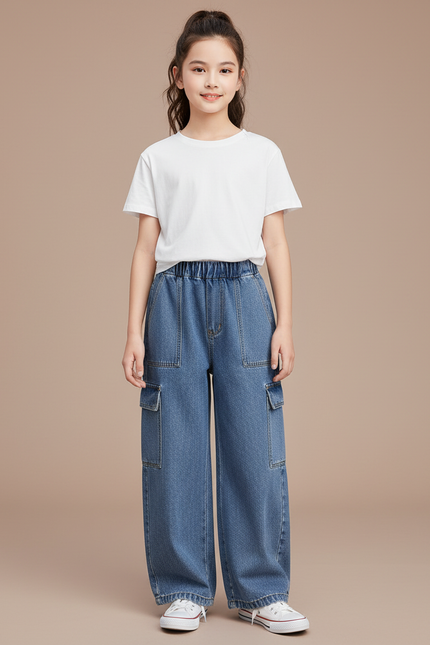Pantalon Cargo Jean Ample Poches Latérales Enfant - Bleu