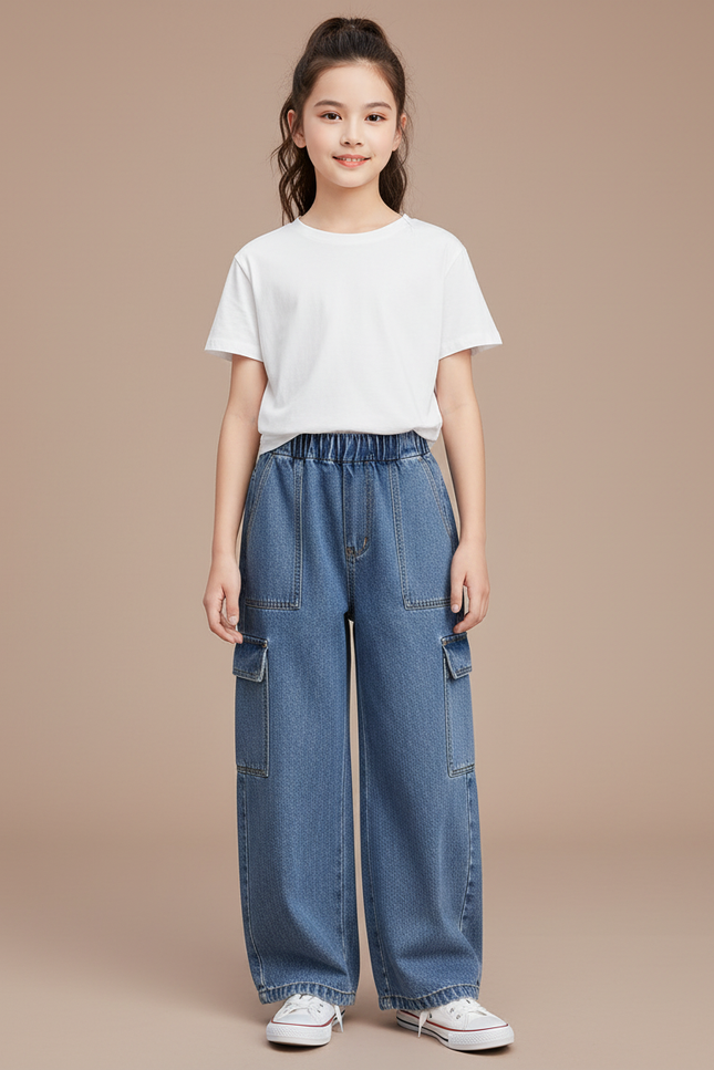 Pantalon Cargo Jean Ample Poches Latérales Enfant - Bleu